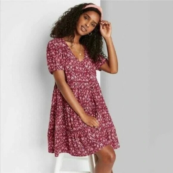 wild fable Dresses & Skirts - Wild Fable Burgundy Floral Crochet Trim Tiered Hem Grunge 90s Babydoll Dress